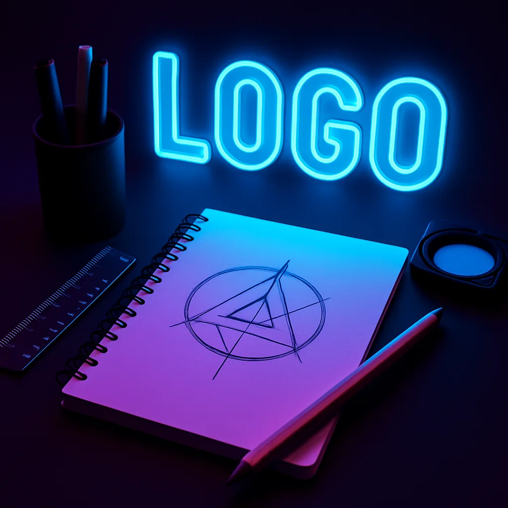Neon-illustratie van een logo-ontwerp op een schetsblok