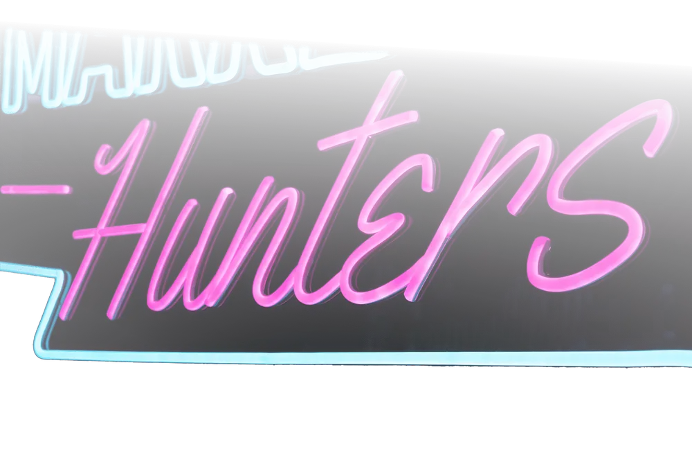 Neon-logo van Marketing Hunters op kantoor