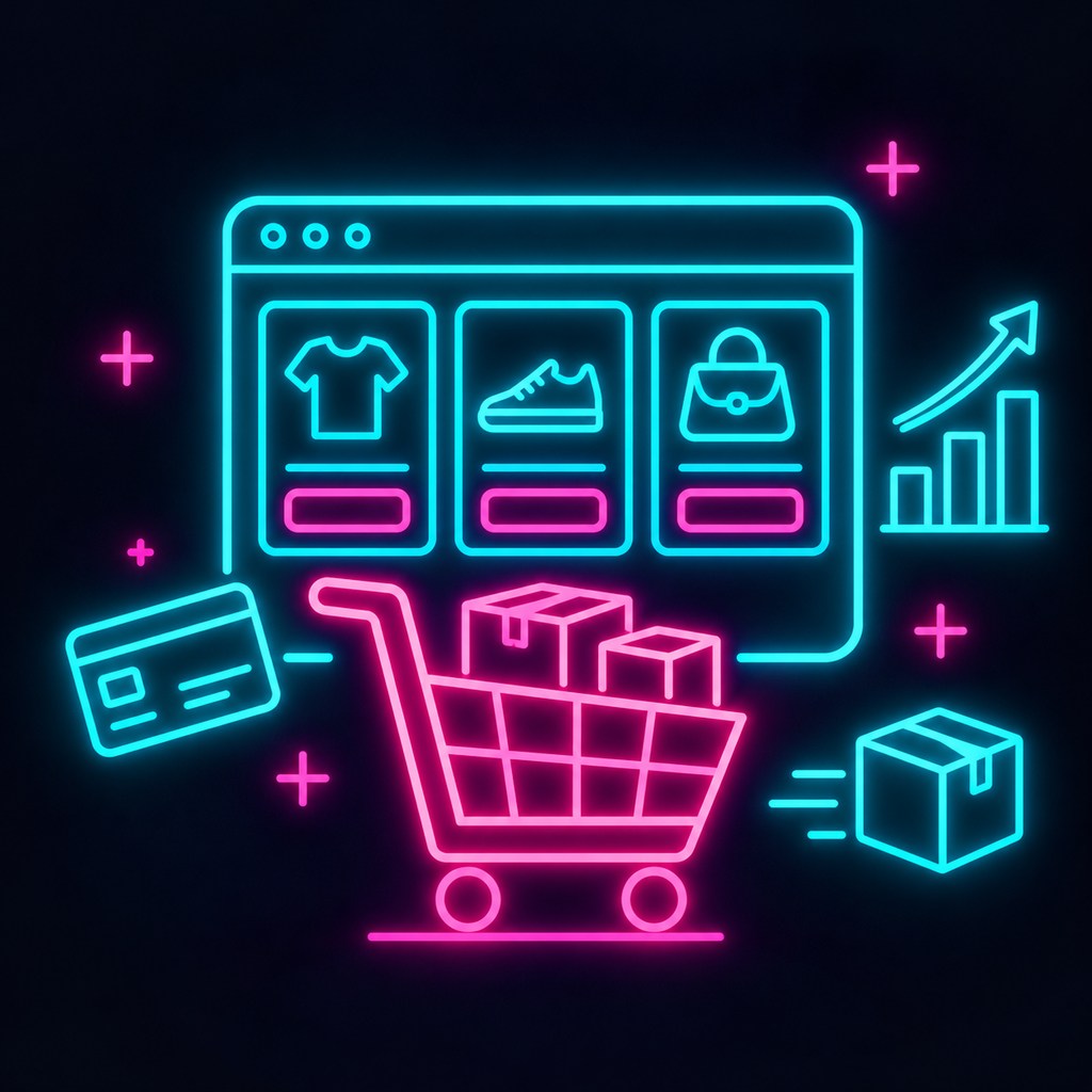 Neon-illustratie van een webshop met productkaarten, winkelwagen en betaalknop